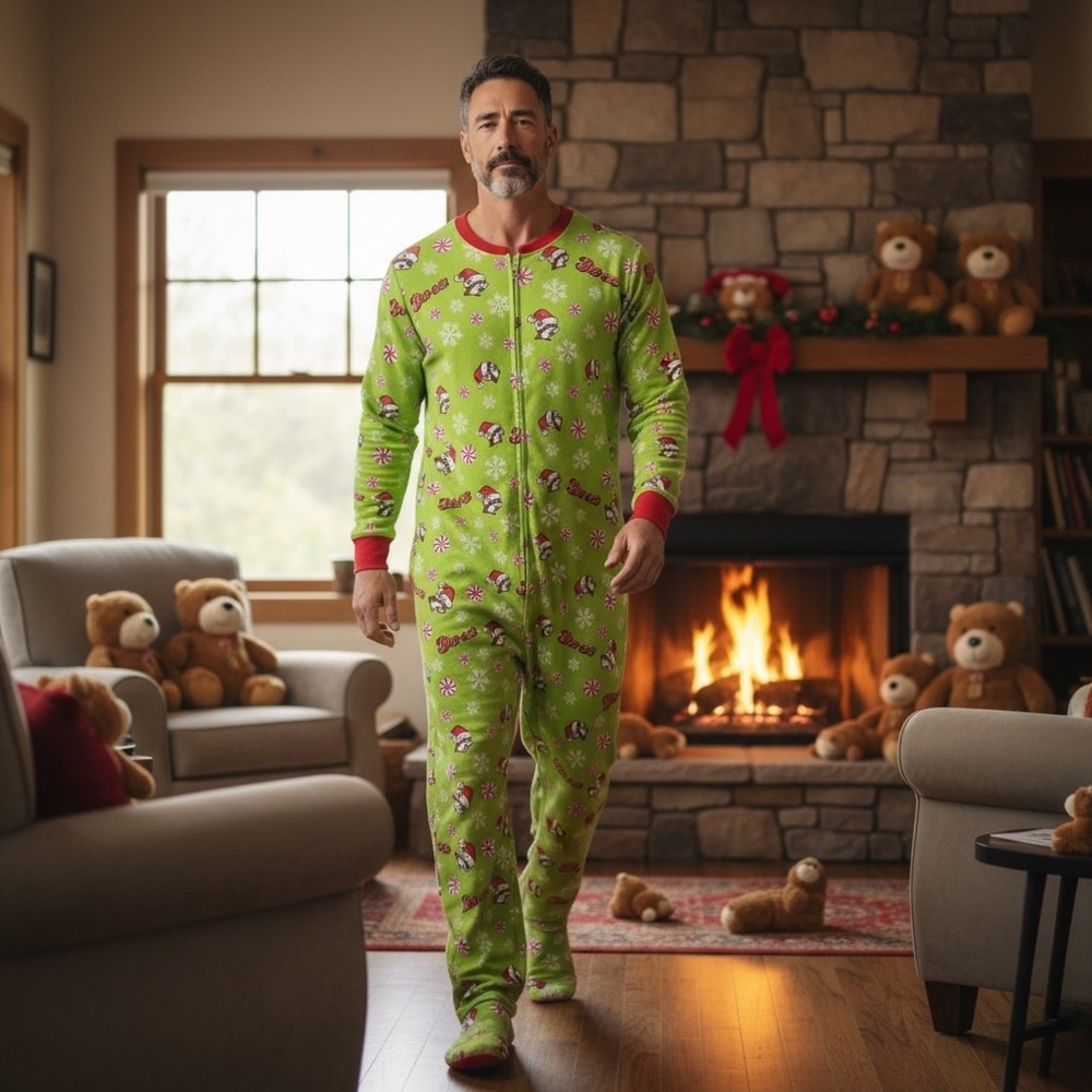 Buc-ee's Christmas Union Suit Mens Medium Green Santa Beaver Zip Pajamas Flap